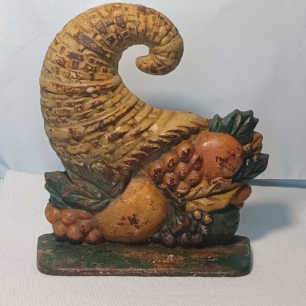 Antique - Vintage Cast Iron Doorstop - Thanksgiving Cornucopia Original Paint